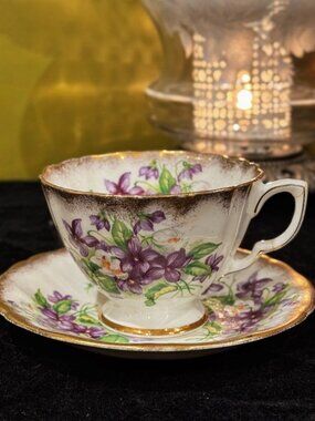 Vintage Adderley Violets Teacup Saucer Gold Trim